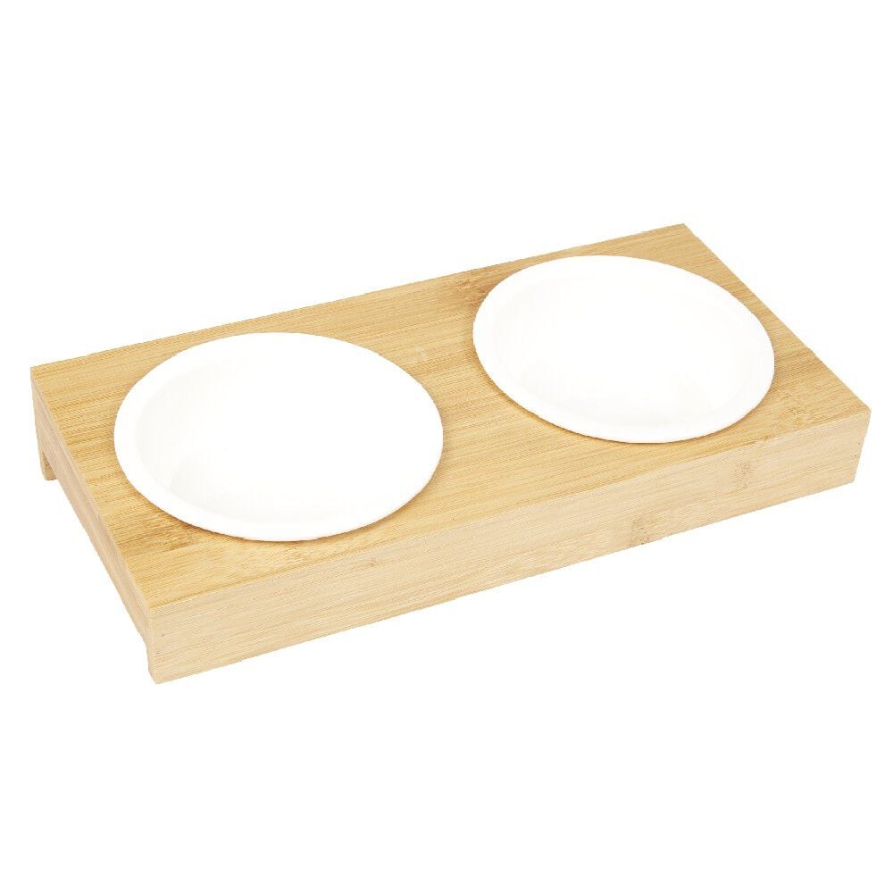 Bol double blanc pour chat avec support en bambou