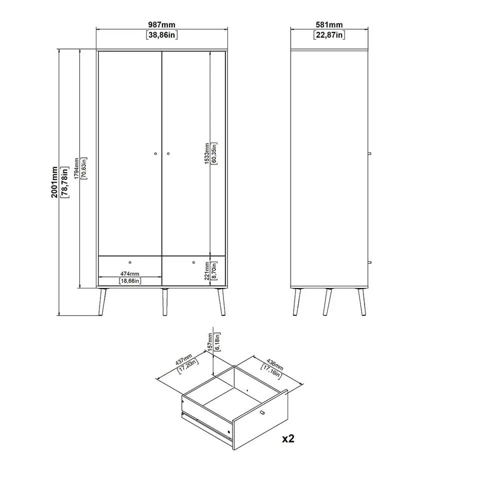 Hioshop Bodo kledingkast 200x99x58cm- 2 deuren- 2 lades wit