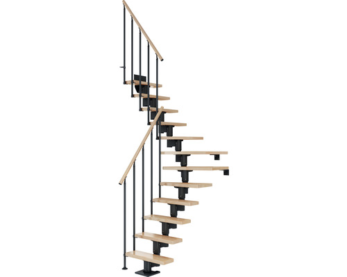 Pertura Spiros Antraciet Middentrap, Kwartslag, Linksonder/Rechtsonder 75 cm, Balustrade van gelijmd beukenhout, Gelakt, 11 Treden / 12 Stootborden