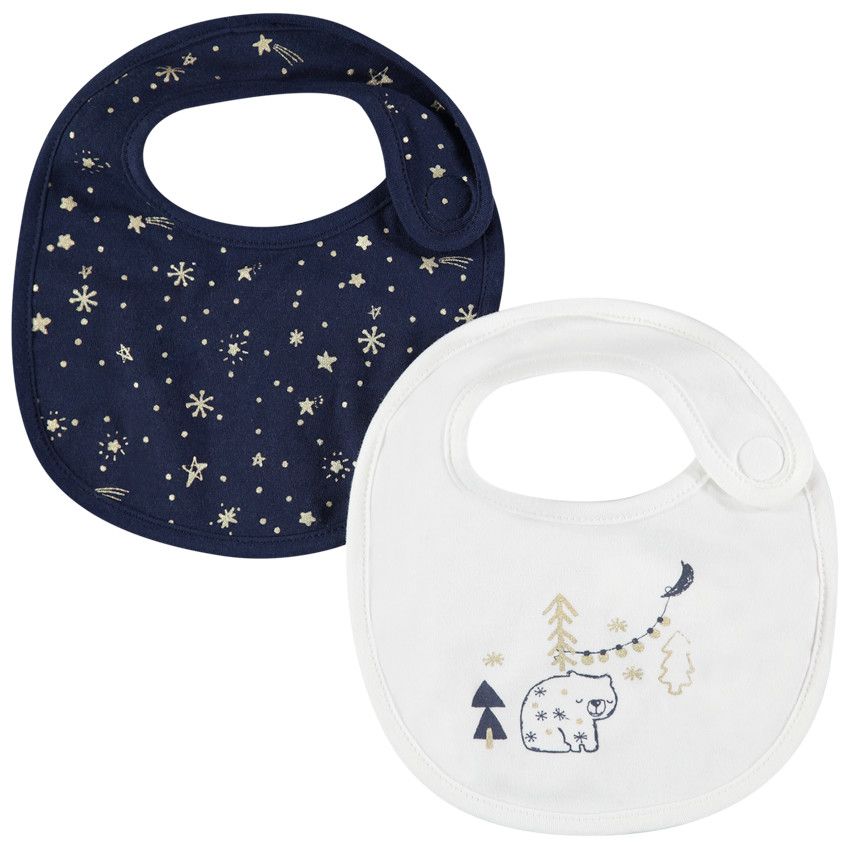 Lot de 2 bavoirs en coton avec imprimé doré all-over et ourson - Ecru