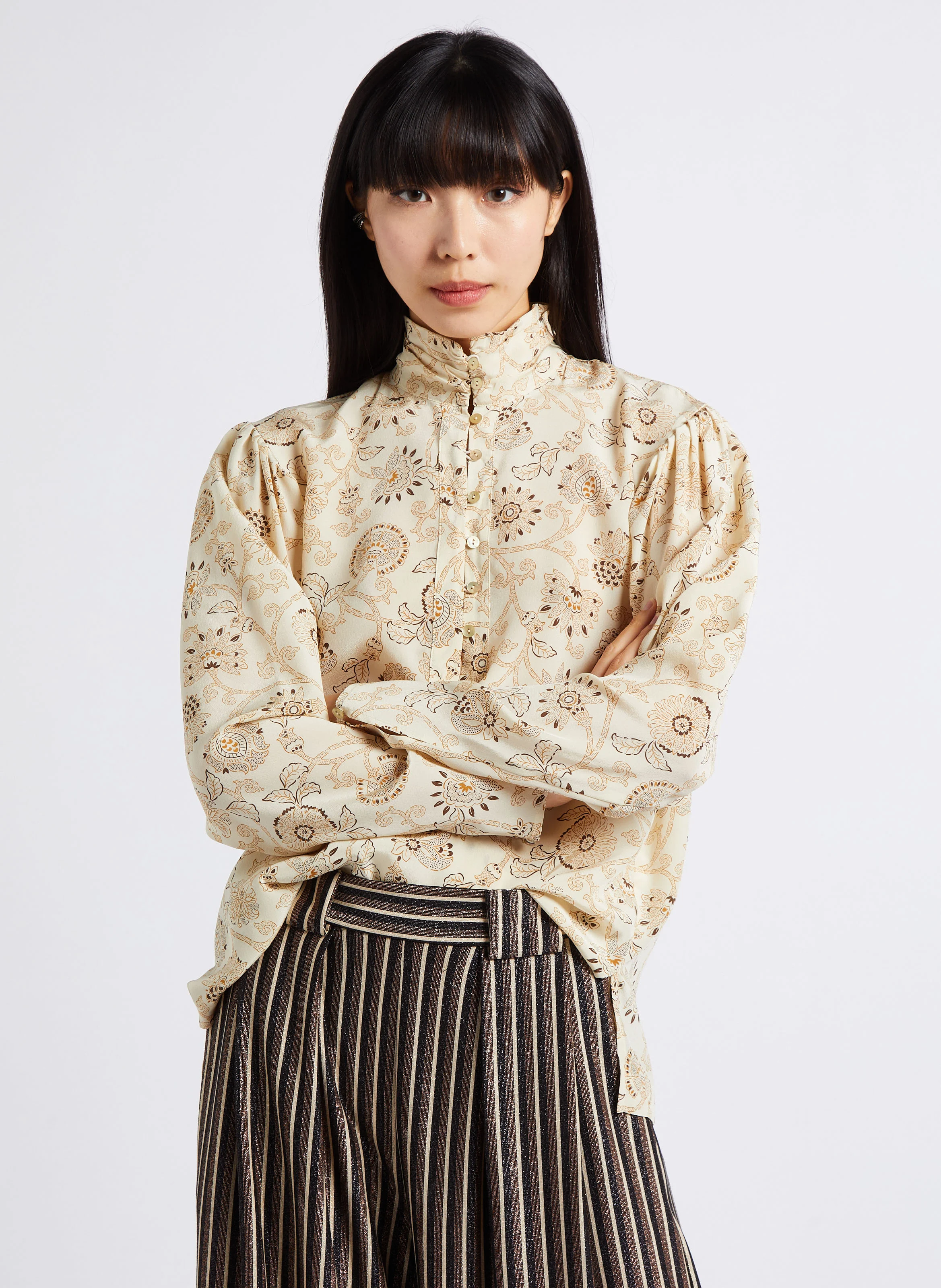 NAGISO - Blouse droite imprimée en soie | Beige