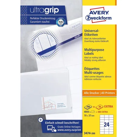 Avery Zweckform 3474-200 Universal-Etiketten,A4 mit ultragrip,Adressaufkleber 70 x 37 mm, 220 Bogen/5.280 Etiketten, weiß