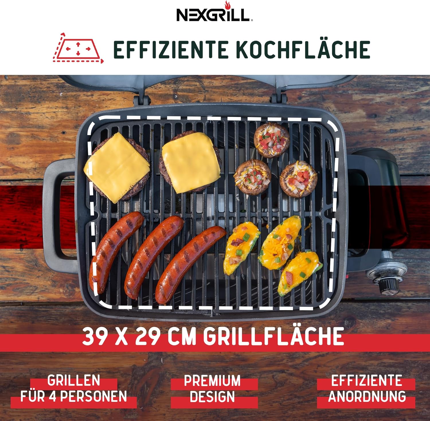 Nexgrill Gasgrill klein & tragbar für bis zu 300° – Tischgrill Gas für Balkon & Camping, Kleiner Grill mit Deckel, Gusseisenrost, 3,1 kW Edelstahlbrenner, Piezozündung, Mini Gasgrill kompakt