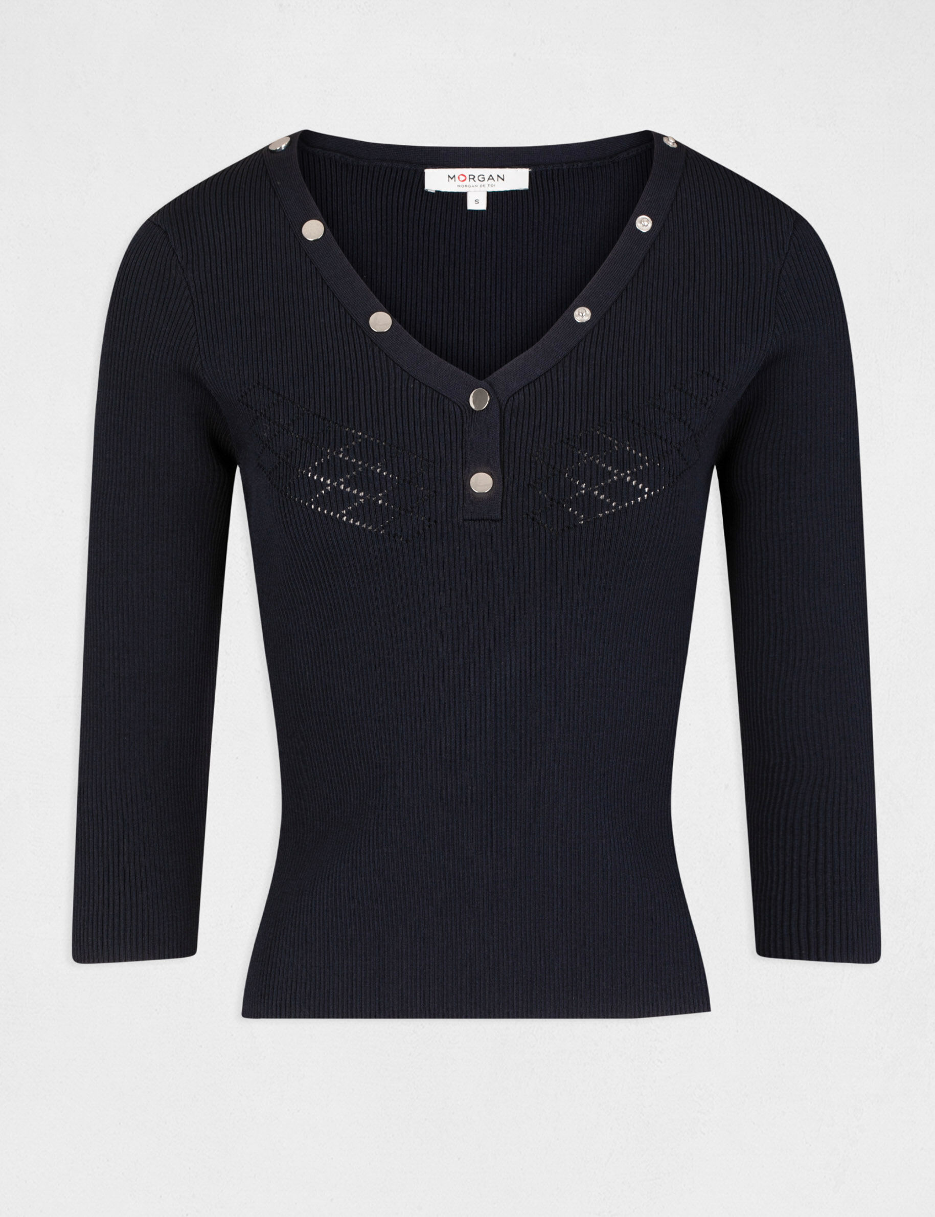 Pull manches 3/4 avec boutons marine femme - marine