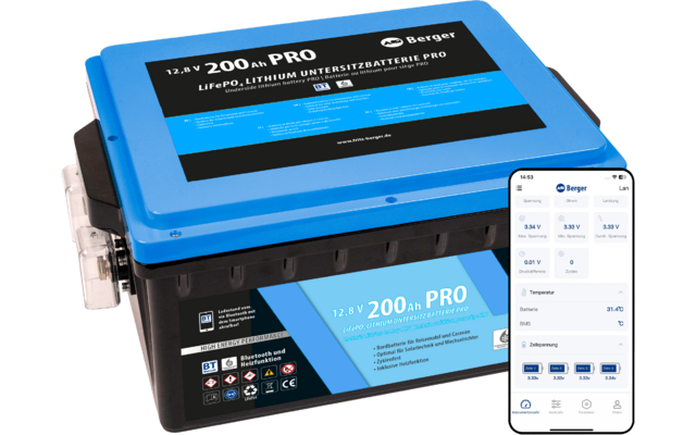 Berger LiFePO4 Lithium Untersitz Batterie Pro 200 Ah 12V mit Bluetooth & Heizung