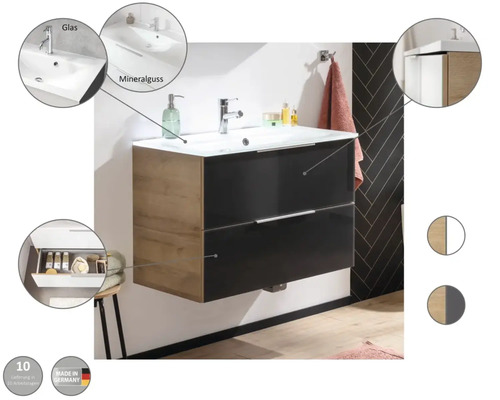 Badkamermeubelset FACKELMANN B.brillant BxHxD 80 x 55,7 x 50,1 cm, frontkleur wit hoogglans met glazen wastafel