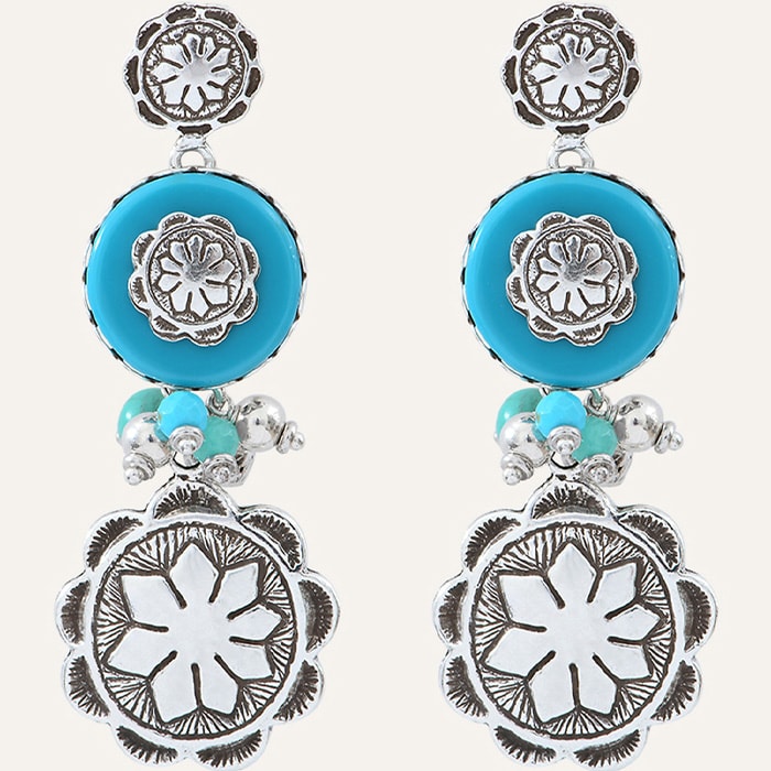 Boucles d'oreilles Amazones - Métal argenté & turquoise