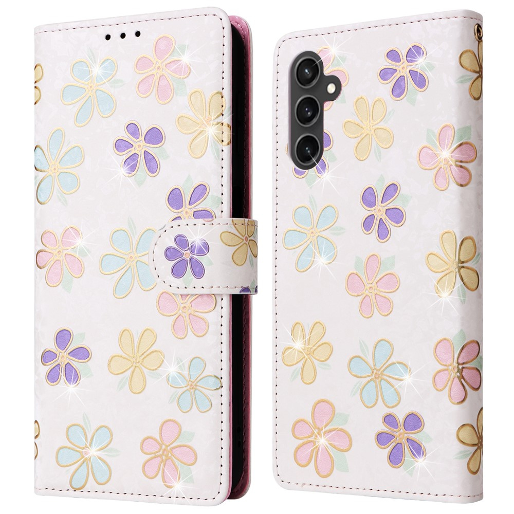 Samsung Galaxy S23 FE Leder Tasche mit Kartenfächer - Glitzer Blumen