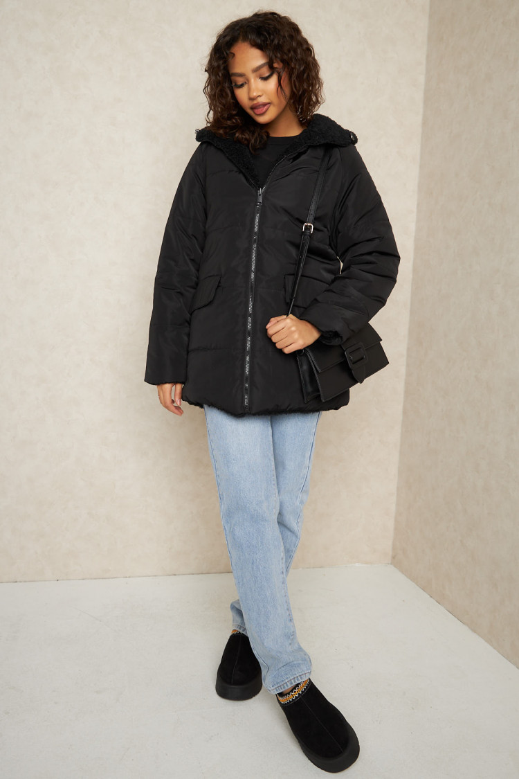 Doudoune noire reversible à capuche fourrée