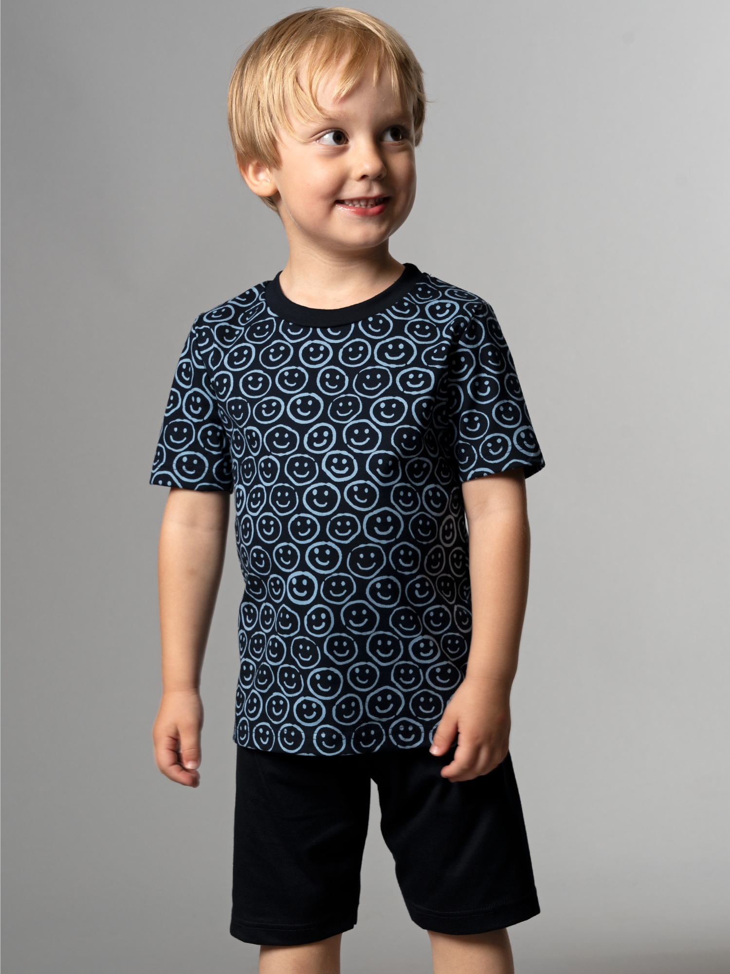 Kurzer Schlafanzug mit Smiley-Motiv Navy