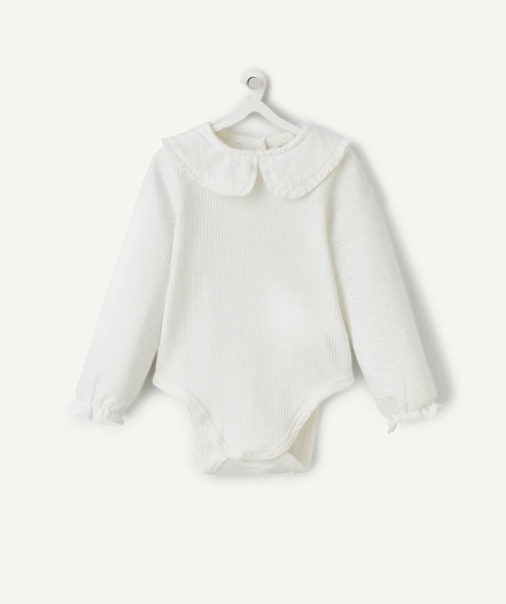 body bébé fille en coton bio écru à côtes avec col claudine