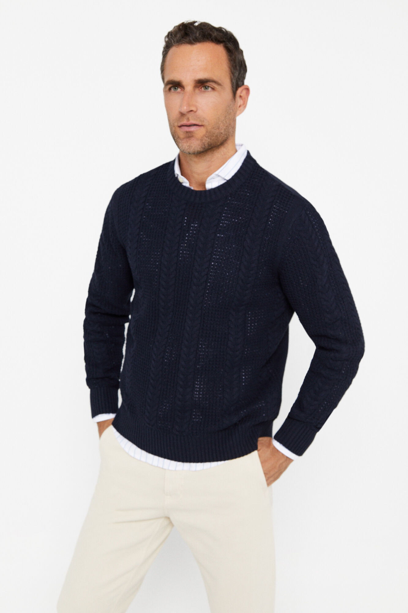 Camisa Jersey Structure Cables com gola redonda - Azul marinho