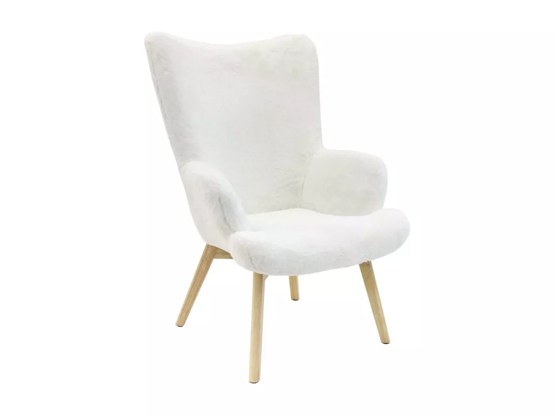 COCOON - Fauteuil Blanc Imitation Fourrure Pieds Bois