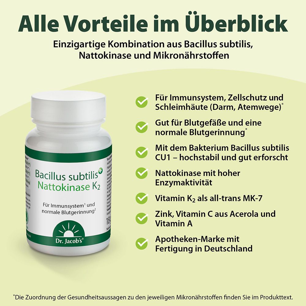 Dr. Jacob's Bacillus subtilis plus Nattokinase-Enzym Vitamin K2 vegan