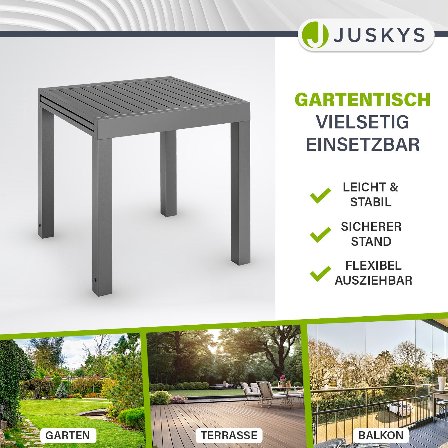 Juskys Gartentisch Laki 70x70 cm ausziehbar - Alu Esstisch - Balkonmöbel Gartenmöbel Anthrazit