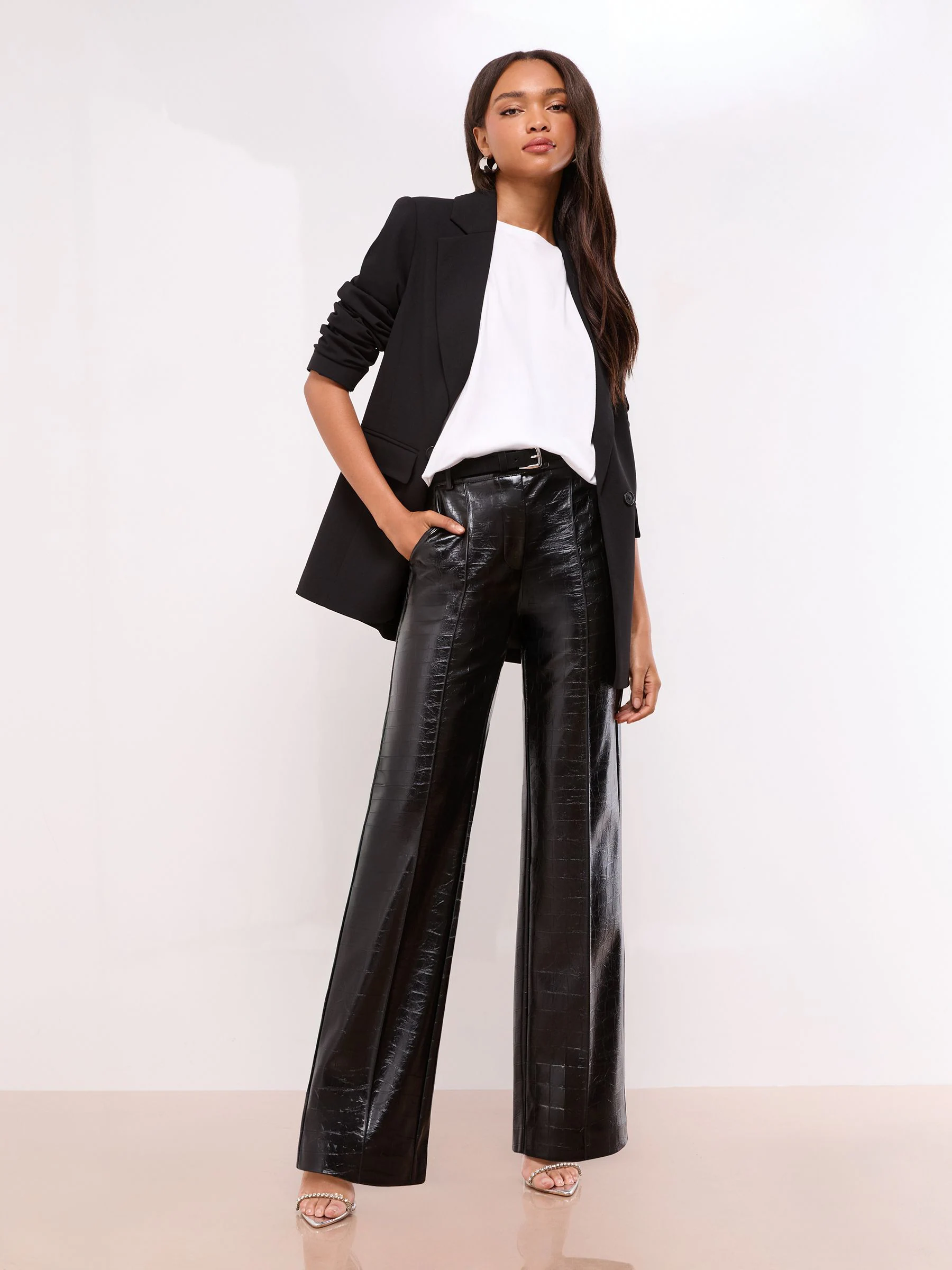 Black Croc Faux Leather - Lipsy Pintuck Tailored Wide Leg Trousers