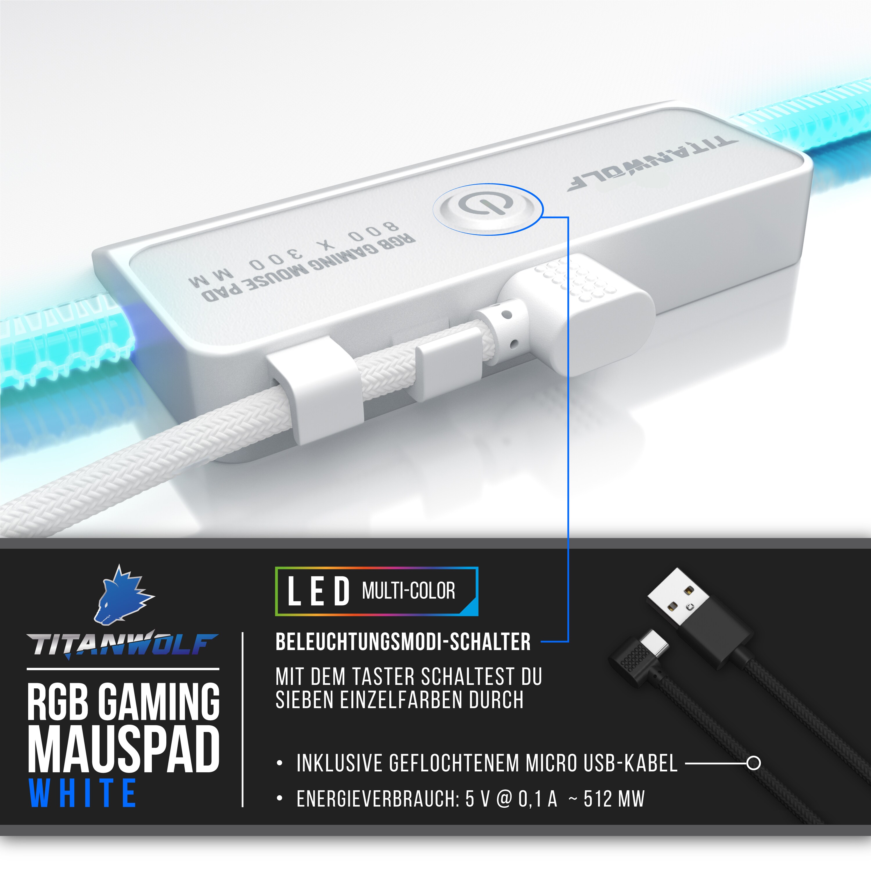 Titanwolf RGB Gaming Mauspad, Mousepad XL 800 x 300mm verbessert Präzision & Geschwindigkeit, weiß