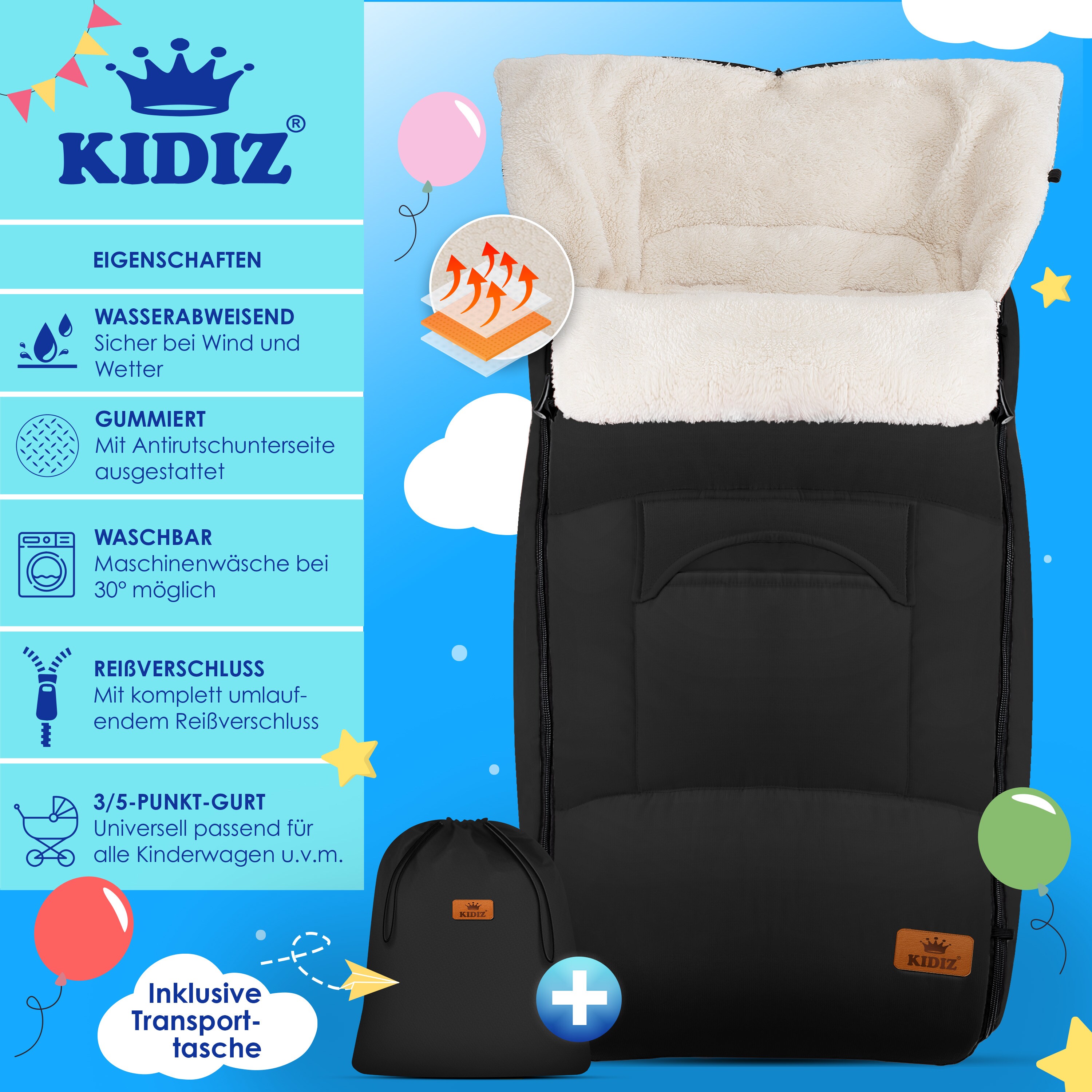 KIDIZ® Babyfußsack Baby Fußsack Winterfußsack Babyschale mit Reißverschluss Kuschelsack Babydecke Kinderwagen waschbar verschließbarer Kopfteil ,Tasche, passend für alle Kinderwagen