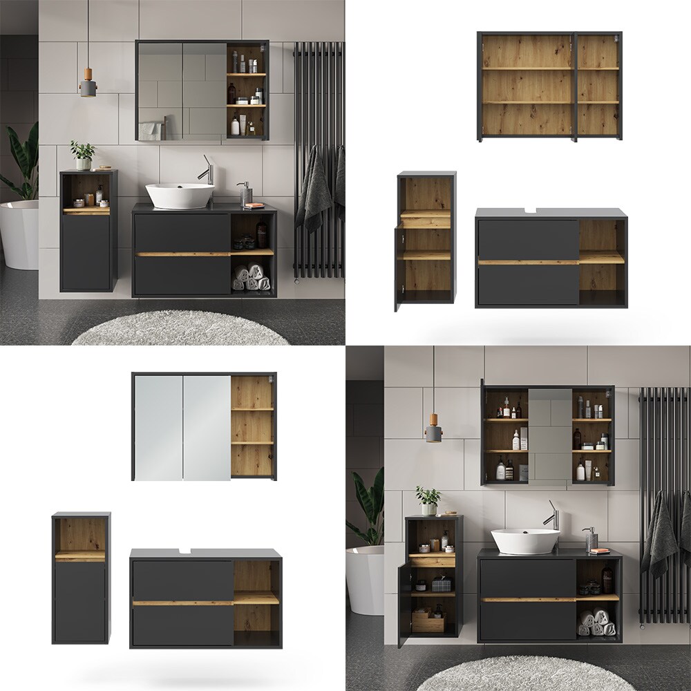 Vicco Badmöbel-Set Badezimmer-Möbel Bad-Schrank Viola Anthrazit Eiche modern Badezimmerschrank Waschtischunterschrank Spiegelschrank Midischrank Schranktür Schrankfach Ablage Aufbewahrung