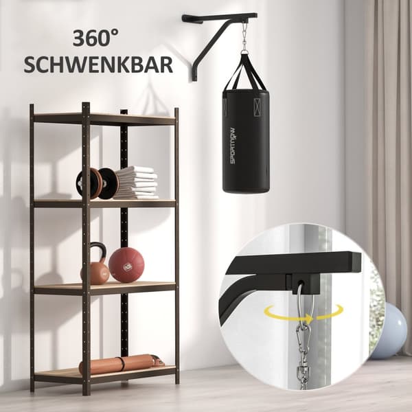Boksepose veggmontert bokseposestativ med hansker, håndstropper og 360° roterende krok, justerbar boksesekkholder for boksesekk, sandsekk, stål, svart