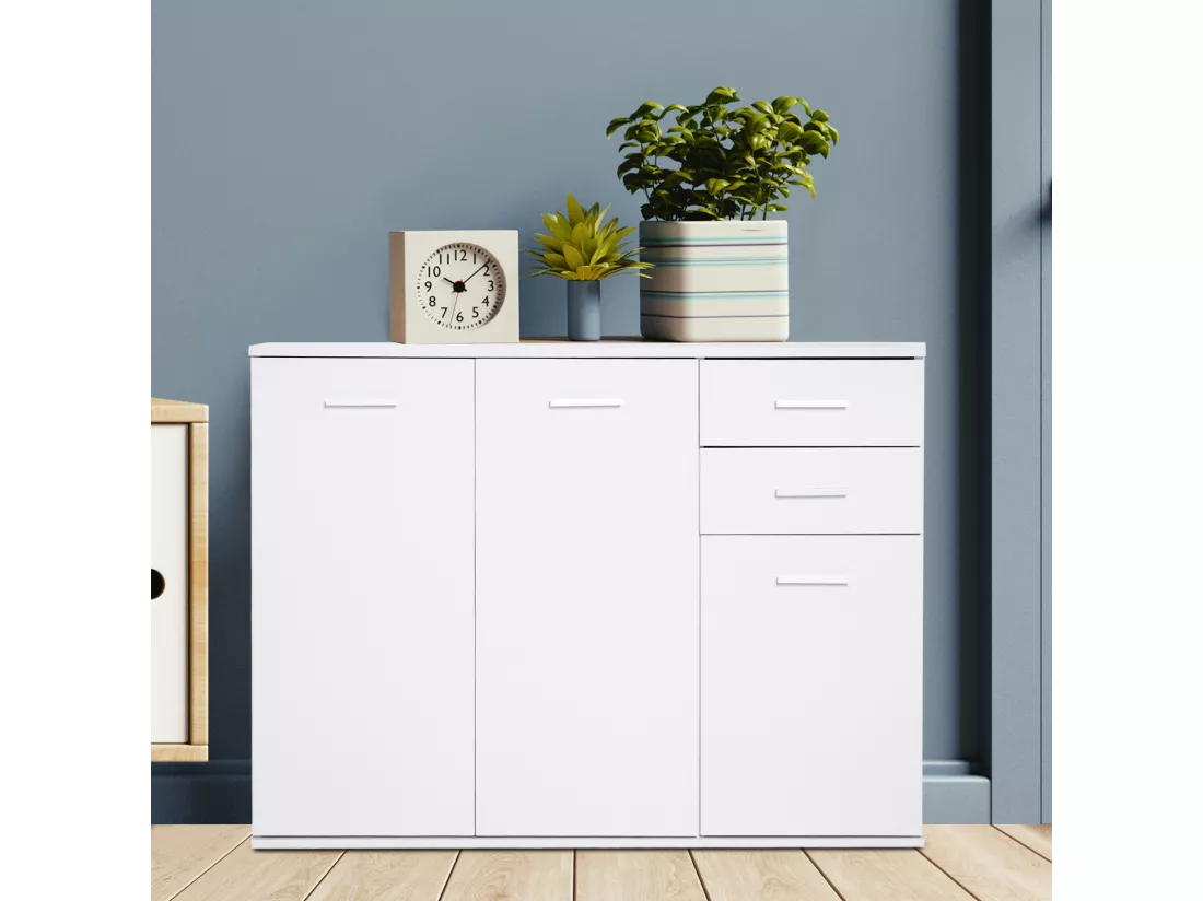 HOMCOM Buffet meuble de rangement 2 tiroirs coulissants 2 placards étagère réglable panneaux particules blanc