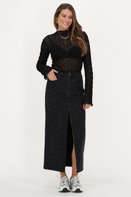 Zwarte denim midi rok met strass