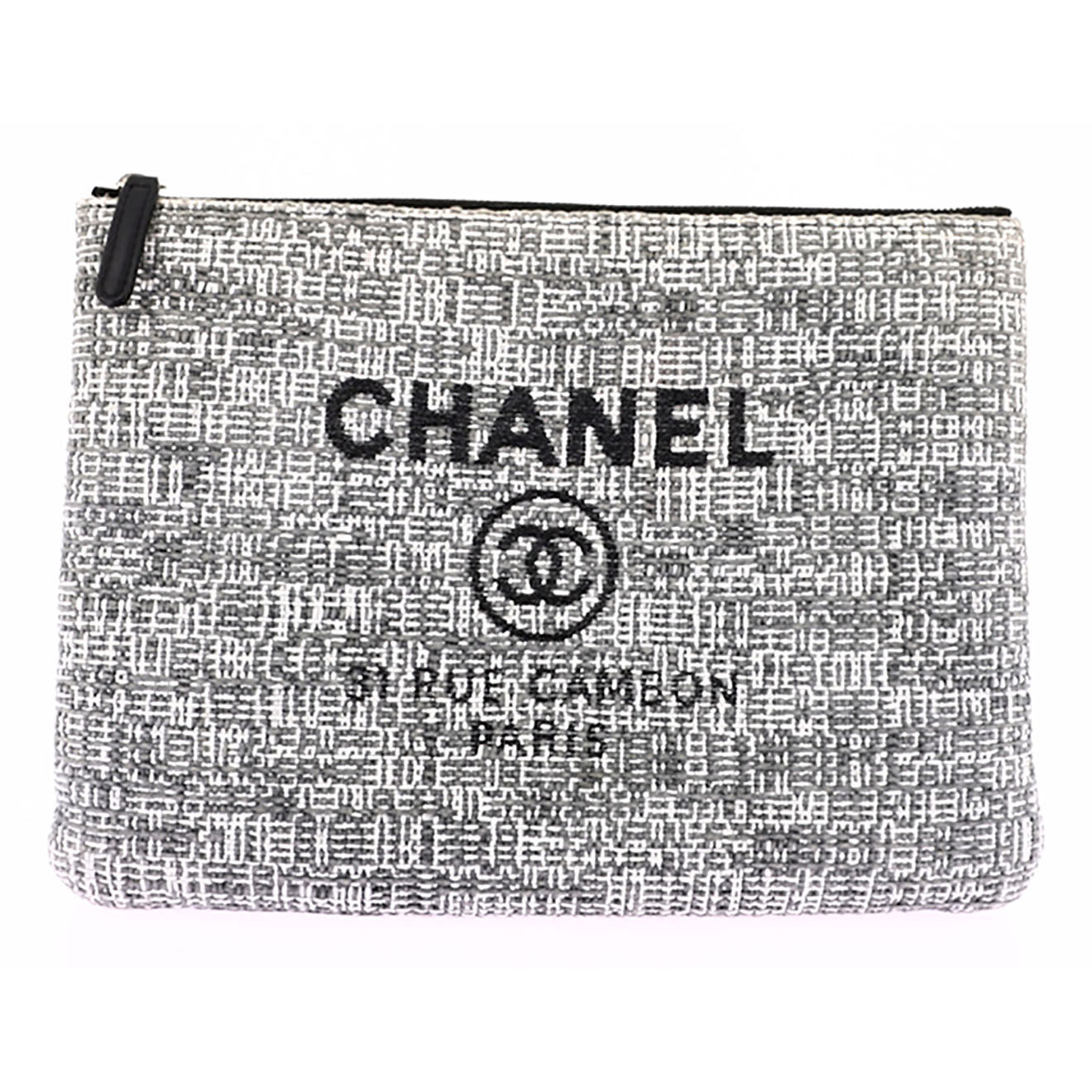 Chanel Pochette Deauville en Laine & Raphia grise - Très bon état - 27x20 cm