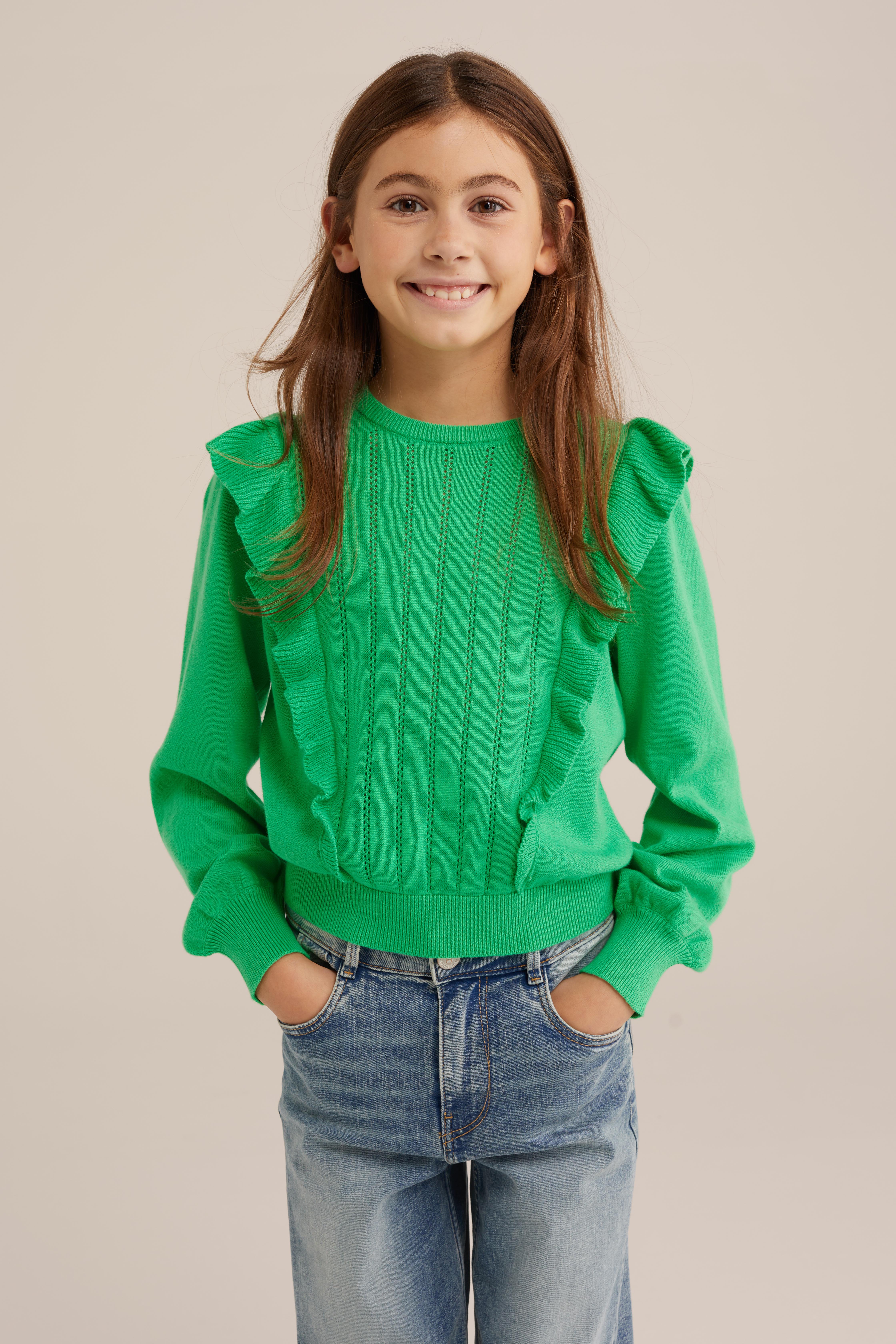 Meisjes gebreide trui met opengewerkt dessin WE Fashion Felgroen
