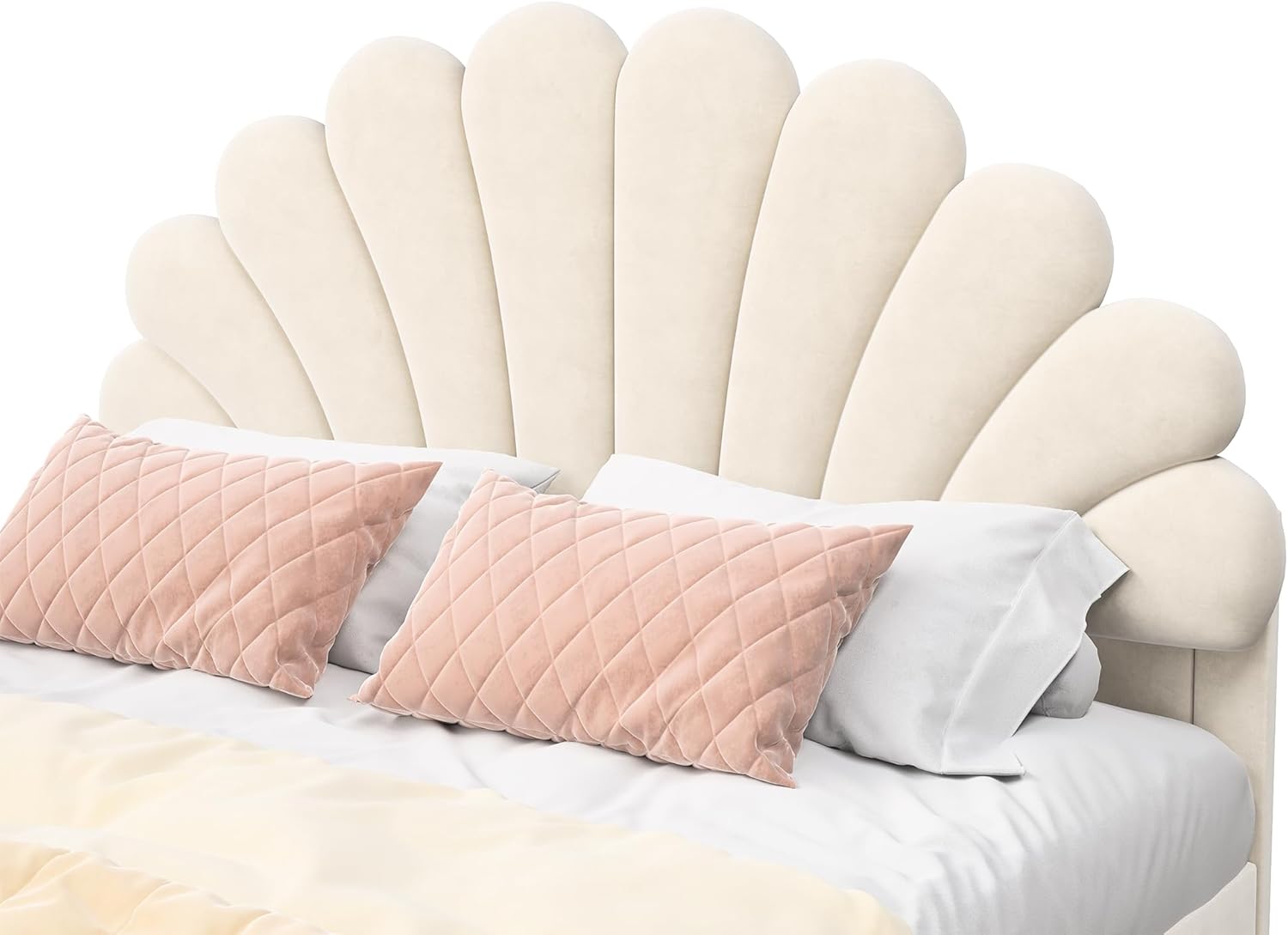 Kinderbett Polsterbett 140x200 cm, Bettgestell für Mädchen mit geblümtem Kopfteil und Lattenrost, Samt Doppelbett muschelartiges Bett mit goldenen Eisenbeinen, ohne Matratze (Beige)