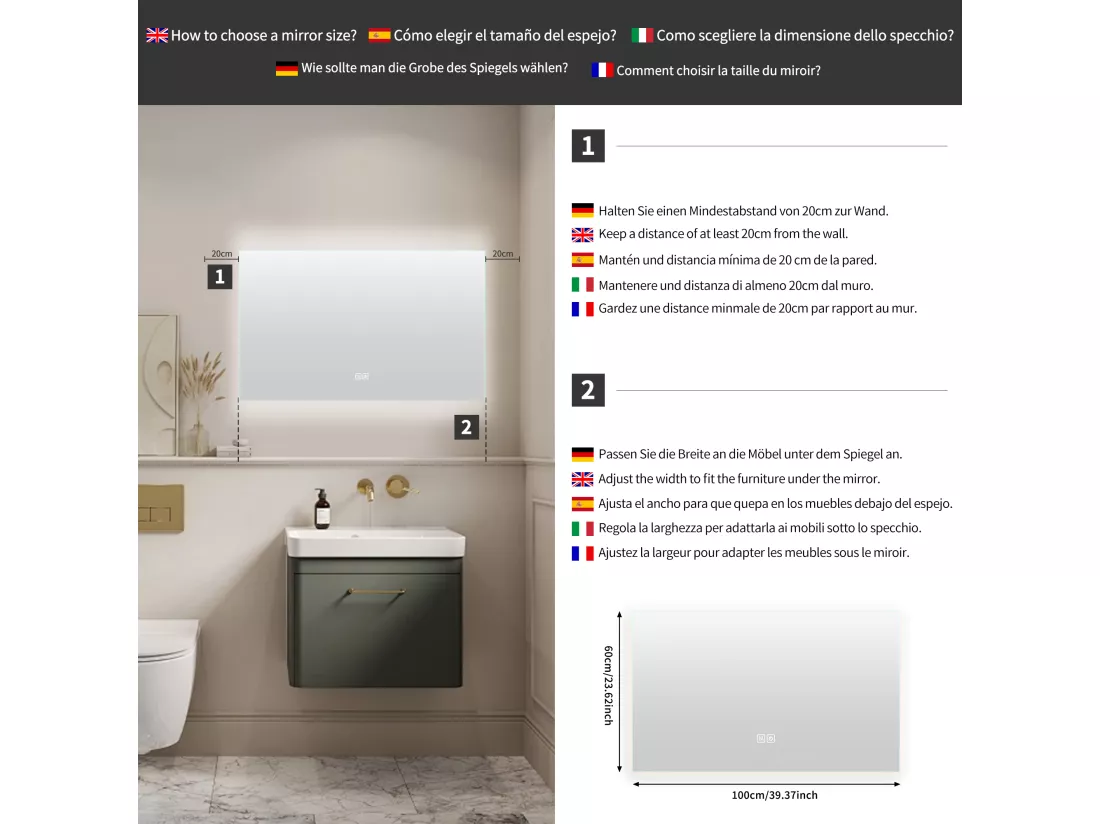 Miroir Salle de Bain avec Éclairage - 60 x 100 cm - Miroir LED Salle de Bain - avec Anti-buée et 3 Couleur Changeable