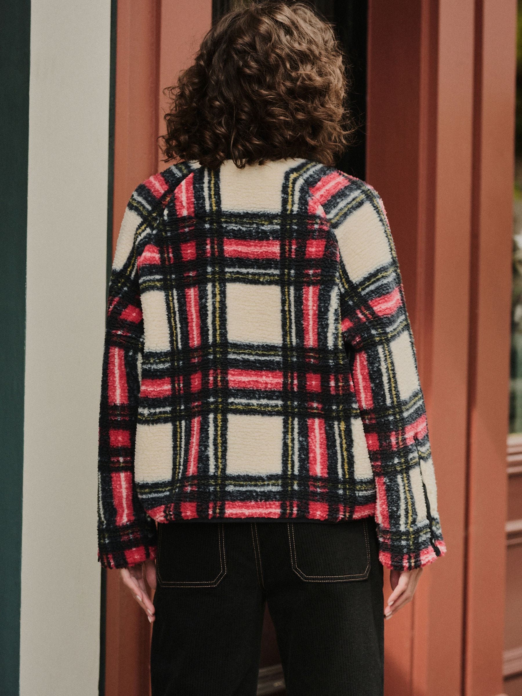 Zwart/Wit/Rood Ruit - Behaaglijke teddy Borg mixgeweven fleece Jack met Knoopsluiting