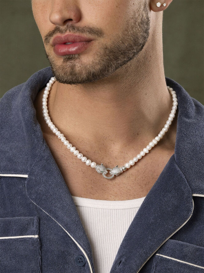 Nialaya Pearl Choker with Double Panther Head in Silver White/silver