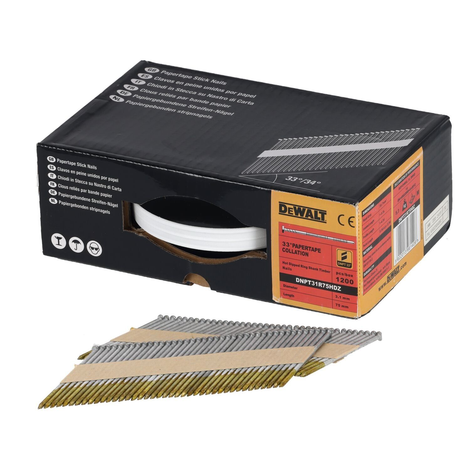 DeWALT DNPT31R75HDZ 33º Papiergebonden Spijkers 3.1x75mm Thermisch verzinkt / Geringd VE=1200