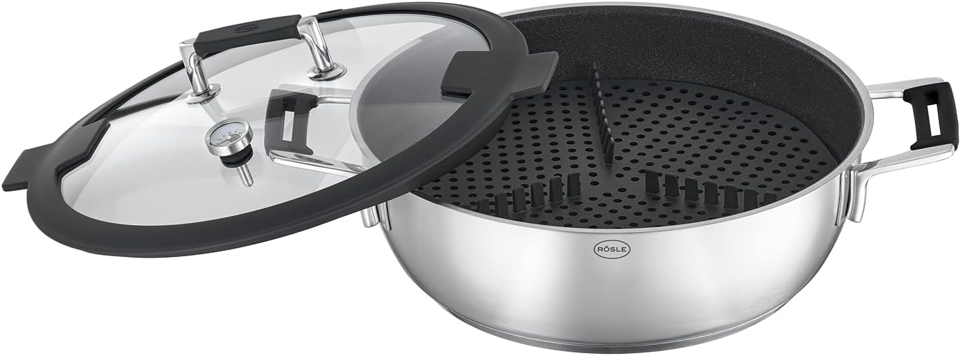RÖSLE SILENCE PRO Aroma Dampfgarer, Hochwertiger Schmortopf zum Dämpfen, Warmhalten und Aufwärmen inkl. Deckelthermometer und Ablagerost, Edelstahl spülmaschinengeeignet, 28 cm, Silberfarben/Schwarz