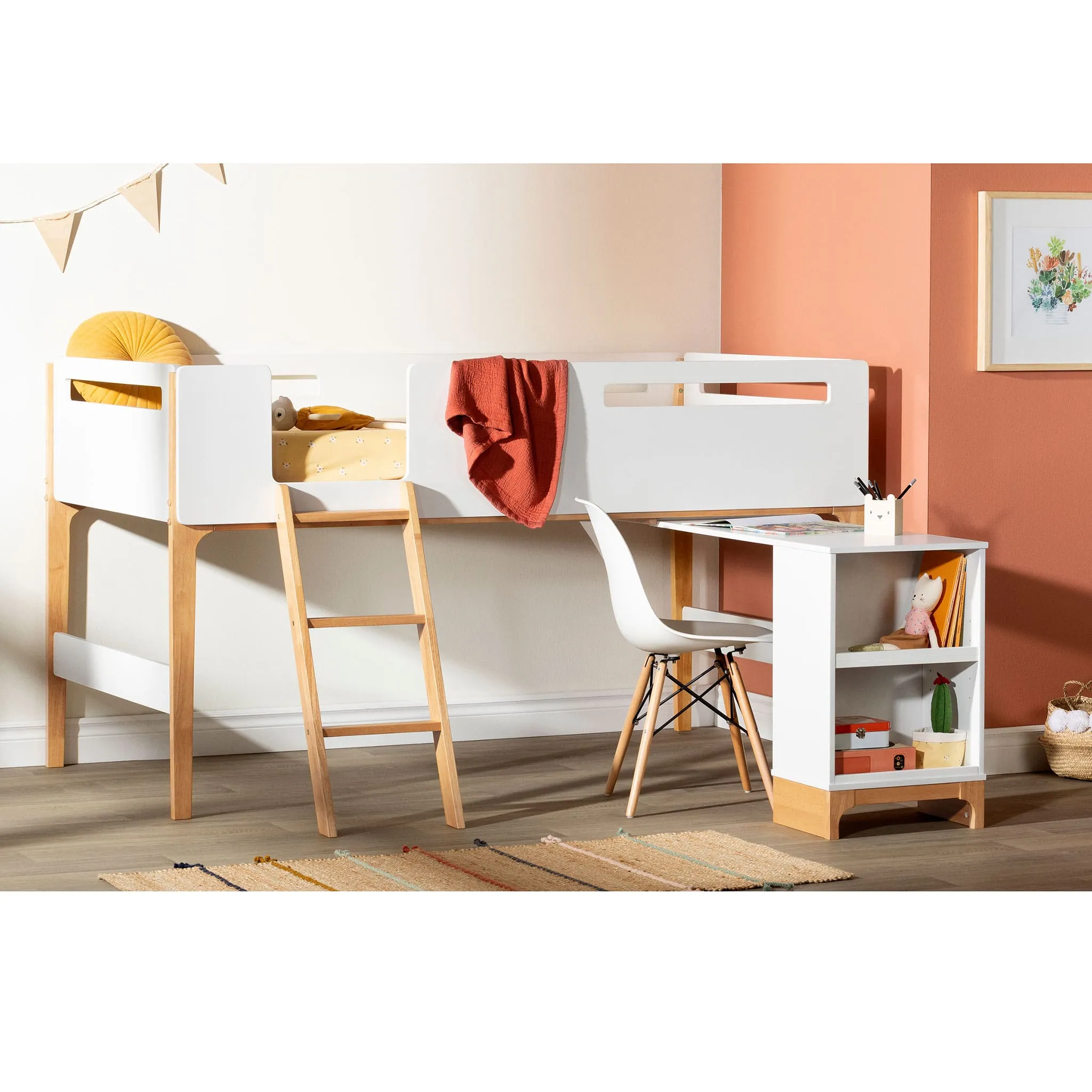 South Shore Lit Simple Mezzanine avec bureau - Bebble Blanc et Naturel