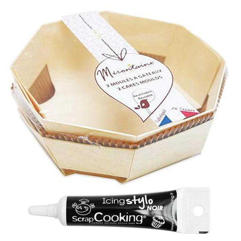 2 moules à gâteau bois Ø 18 cm + Stylo glaçage noir Scrapcooking