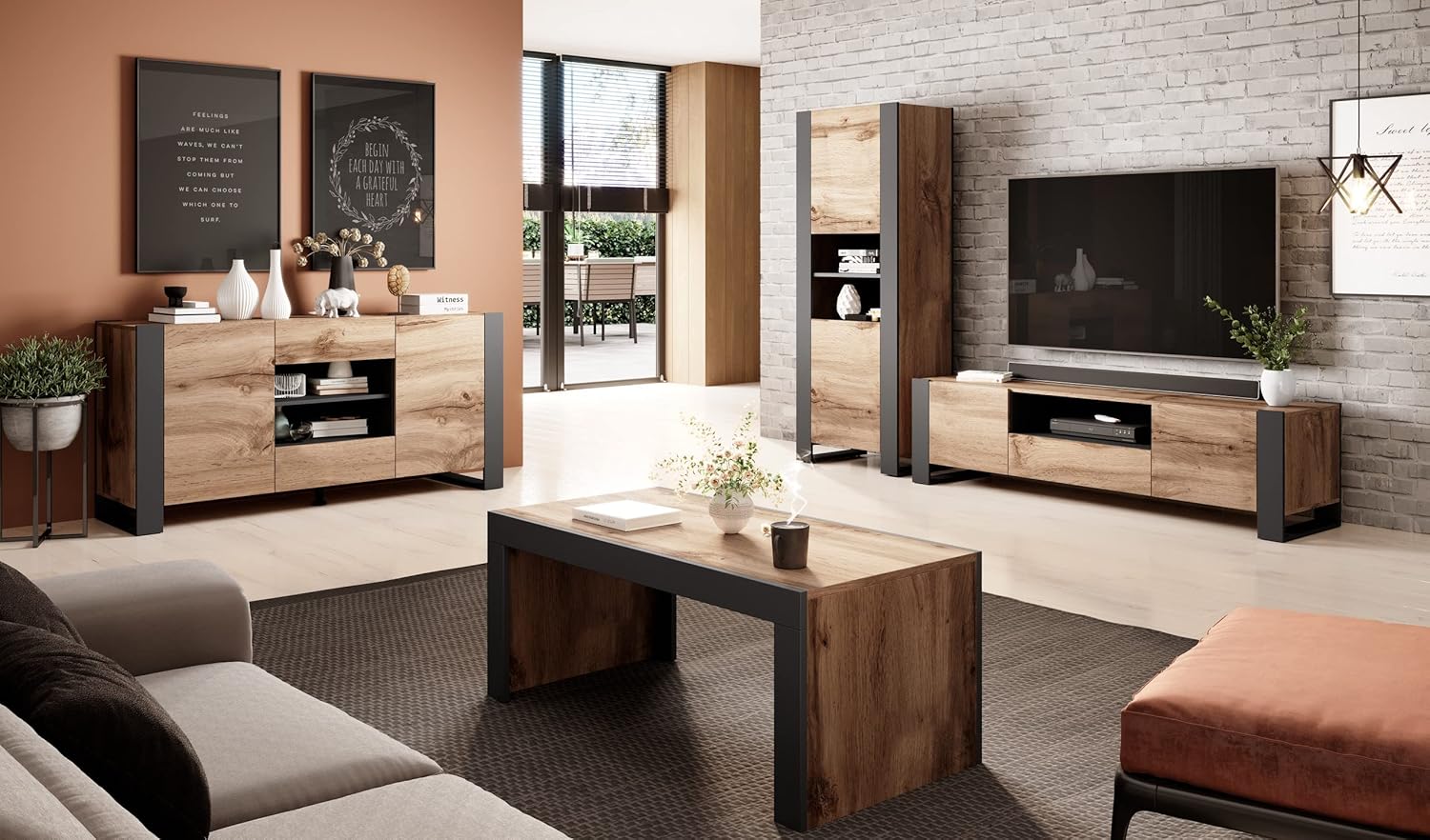 Tv Schrank Wood, Lowboard, Unterschrank, Tv-Tisch mit 2 Türen, 1 Schublade, Fernsehenschrank, Wotan Eiche