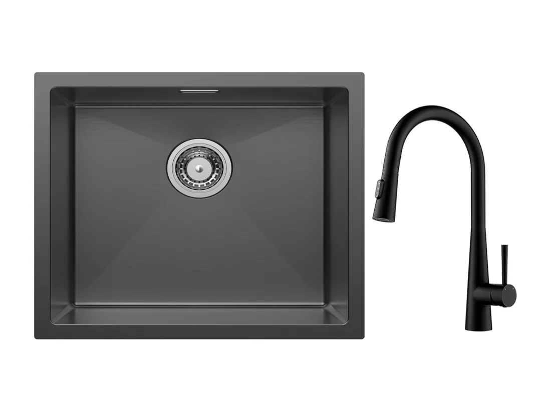 Cecipa max Évier 1 Bac 50*44cm Évier de Cuisine en Inox Noir Anthracite + Mitigeur de Cuisine avec Douchette Extractible Avec 3 Modes de Sortie D'eau