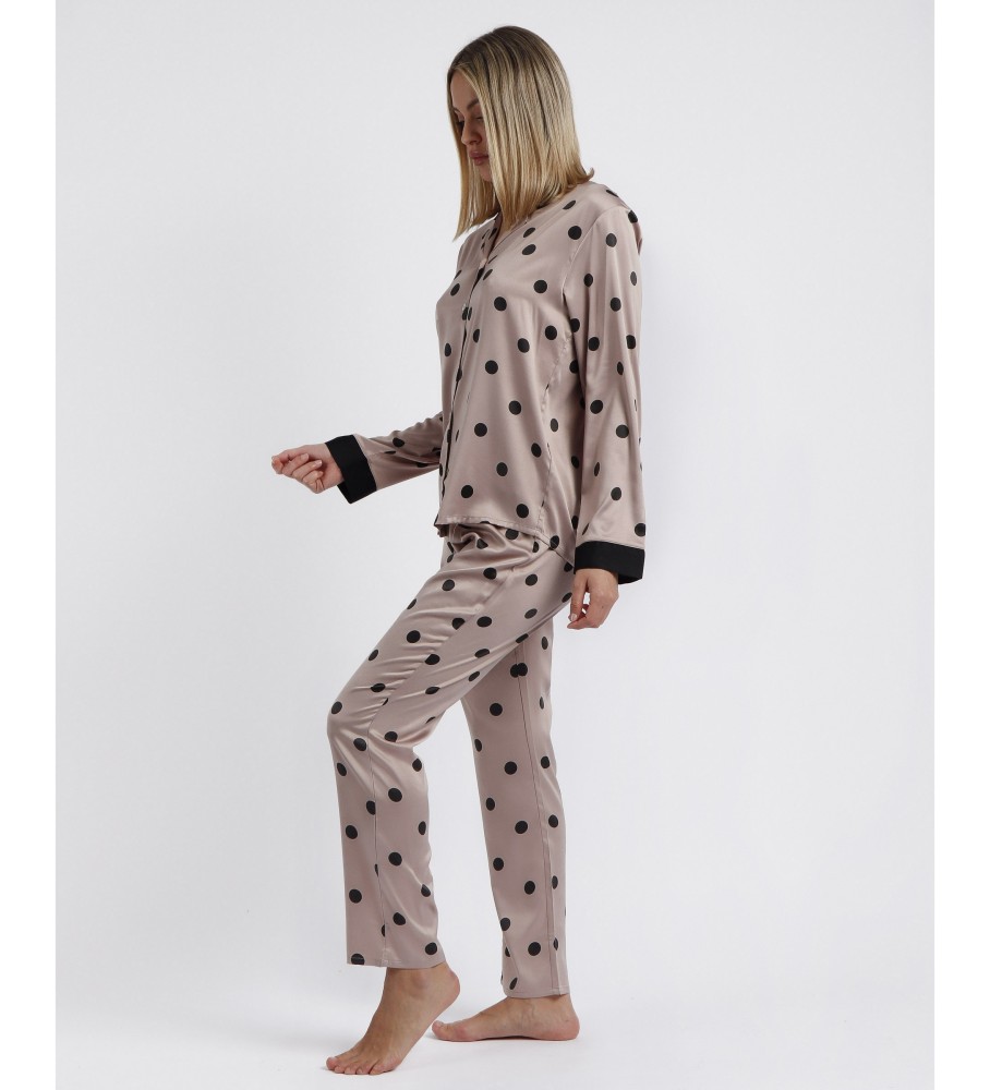 Pijama aberto Admas de manga comprida em cetim com elegantes bolinhas cinza