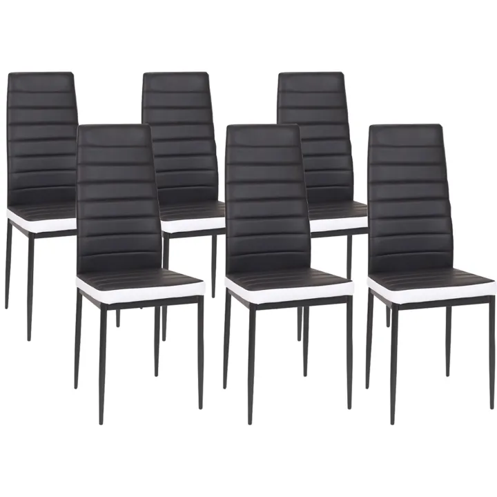 Table à manger blanche et noire 140 cm et 6 chaises noires liseré blanc