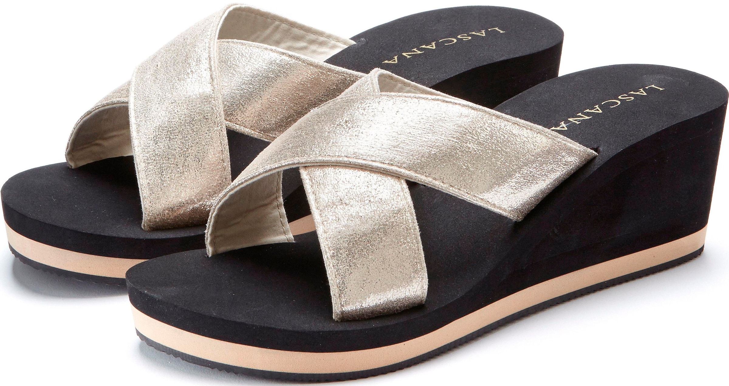 LASCANA Badepantolette  Sandale, Pantolette, Badeschuh mit Keilabsatz und Metallic-Optik VEGAN