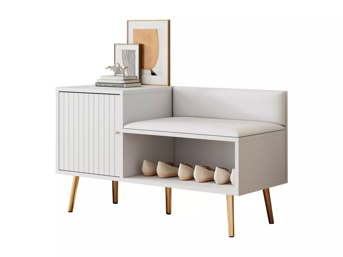 Armoire Banc à chaussures avec trois portes de rangement Avec poignées métalliques asymétriques Blanc