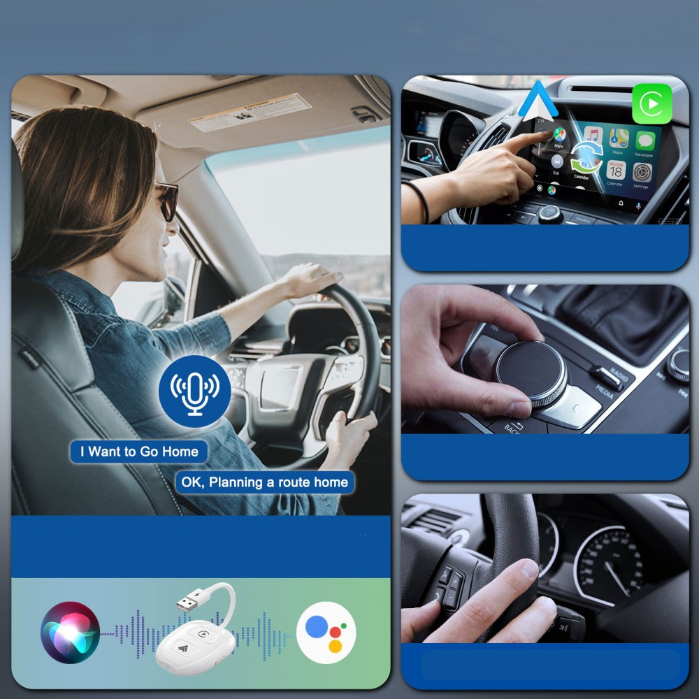 Bluetooth Android Auto / Apple Carplay KFZ USB A Adapter mit USB C Aufsatz für Android / iOS Smartphones (Google Assistant / Siri) - Weiss
