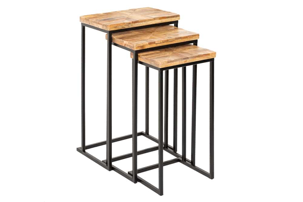 Beistelltisch 3er Set INDUSTRIAL 65cm Mangoholz handmade Mosaik schwarzes Metallgestell massiv