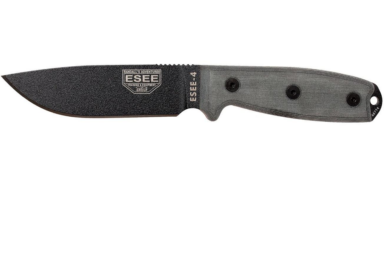 ESEE Model 4 black blade, grey handle 4P-MB met coyote schede   clip en MOLLE-back