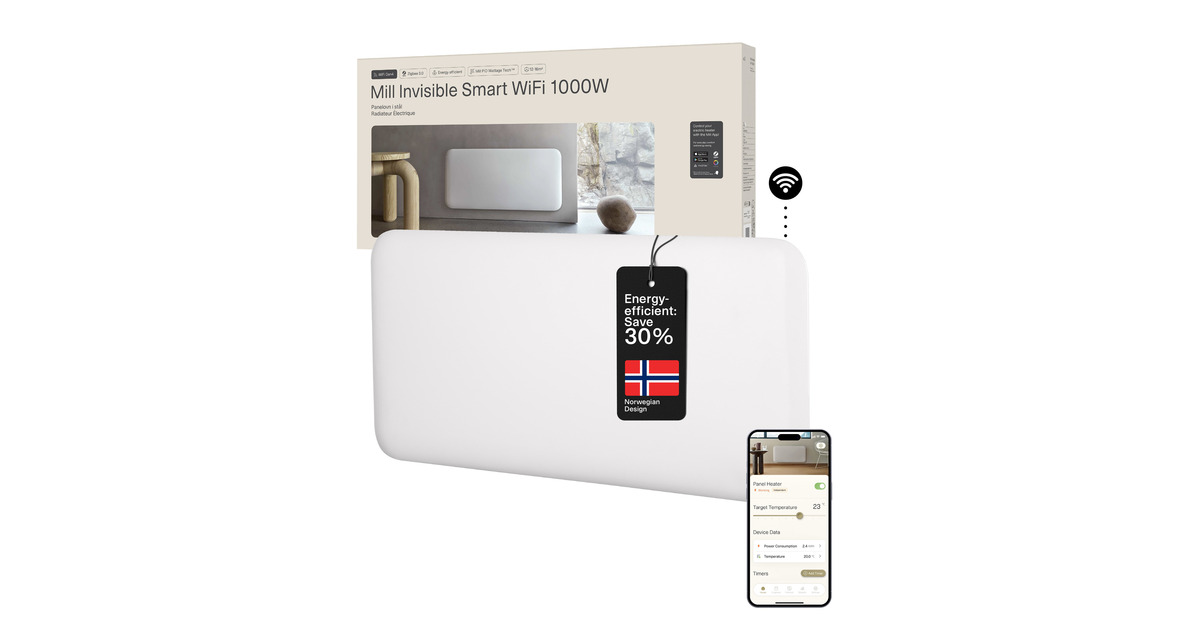 MillSteel WiFi paneelverwarming PA1000WIFI4, 1000 Watt convector  (Wit, wifi 2,4 GHz (wifi 6), Bluetooth 5.2, Zigbee 3.0 + App)
