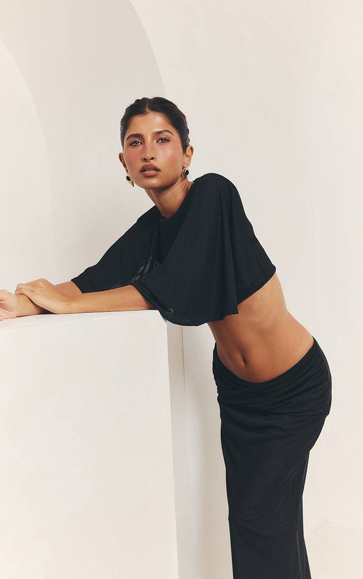 Noir Jupe Longue Co-ord En Mesh Froncé Avec Panneau Torsadé