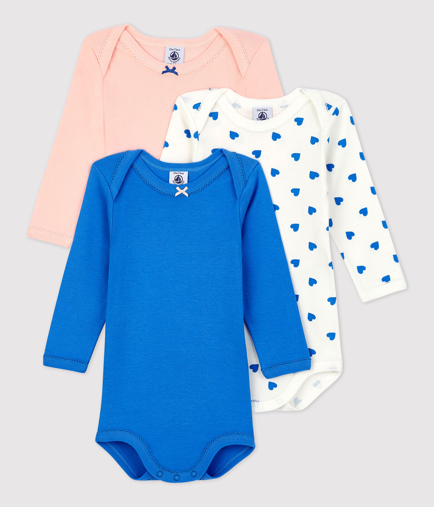 Lot de 3 bodies cœurs bleus manches longues