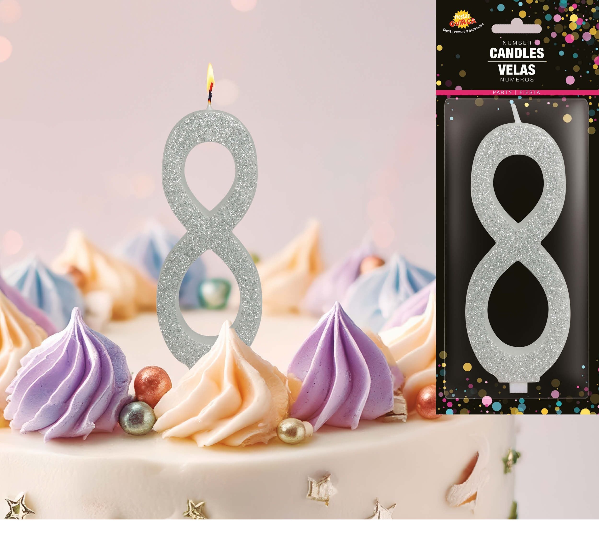 Zilveren Kaars 8 Jaar Glitter 12,5cm