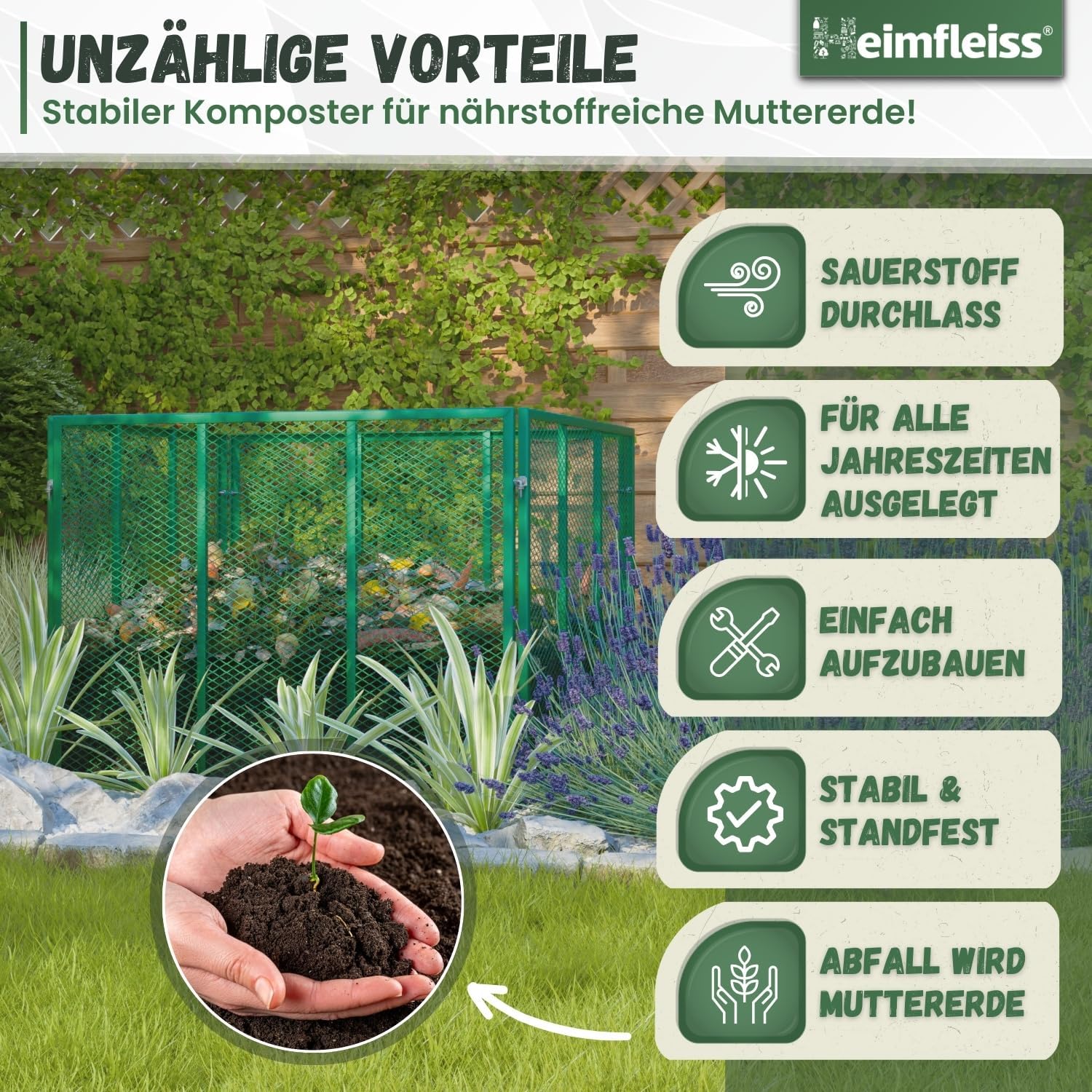 Heimfleiss® Komposter Garten Metall 100x100x75 cm + Deckel & Boden | 750L Metallkomposter verzinkt & pulverbeschichtet | Komposter Metall für Rasenschnitt & Biomüll | Gartenkomposter mit Stecksystem